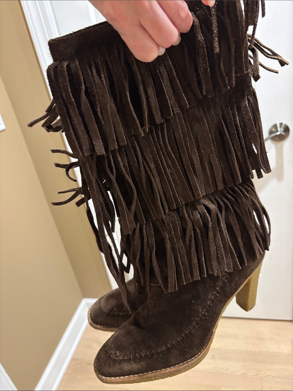 Fringe Suede Mid-Calf Heeled Boots - Brown size 7 Rubber Soles - Picture 2 of 7